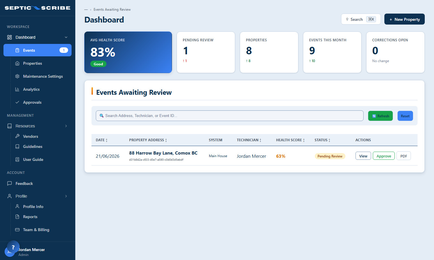 SepticScribe dashboard — maintenance events awaiting review with health scores