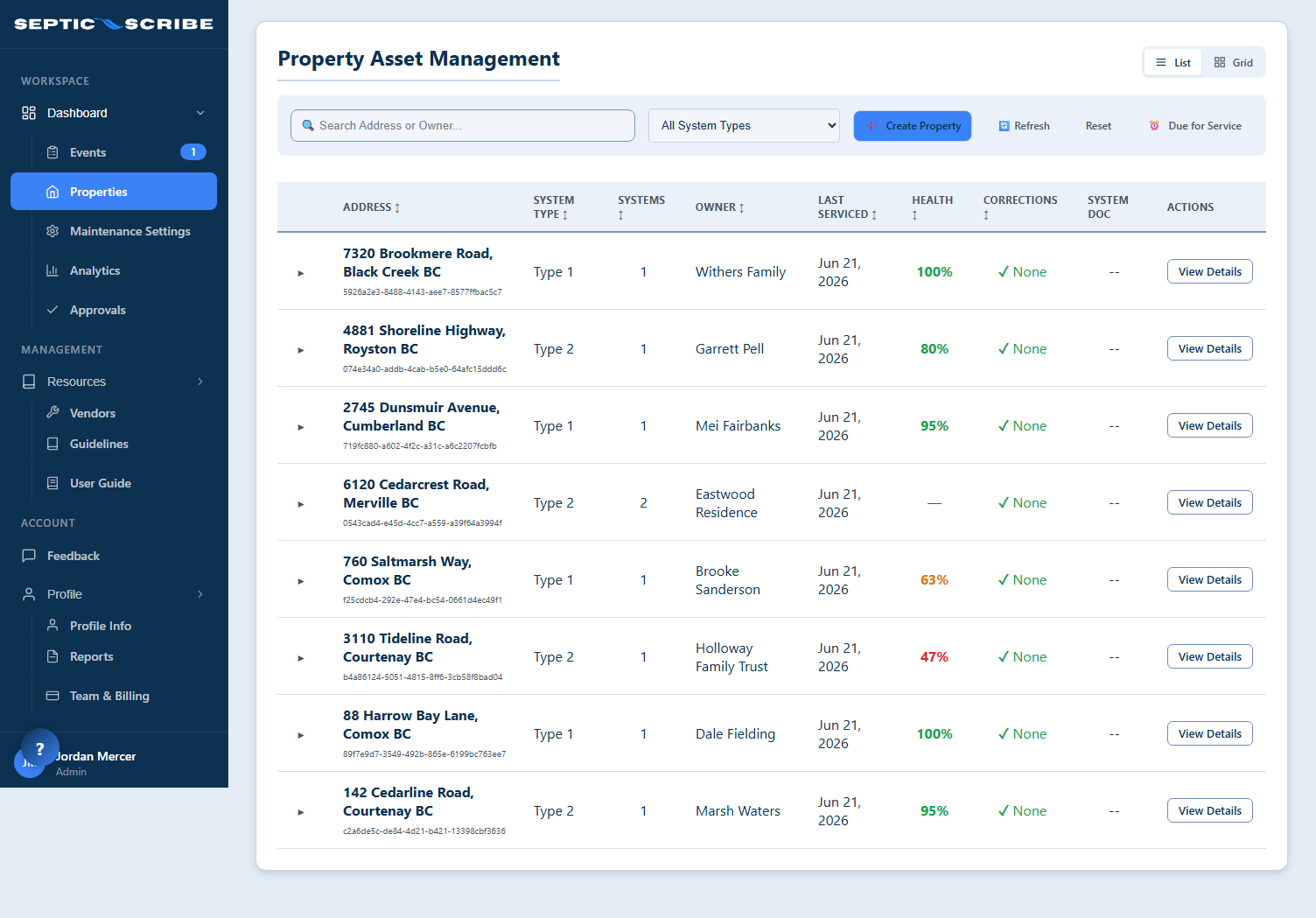 Property asset management — list of properties with system types, owners, health scores, and service history