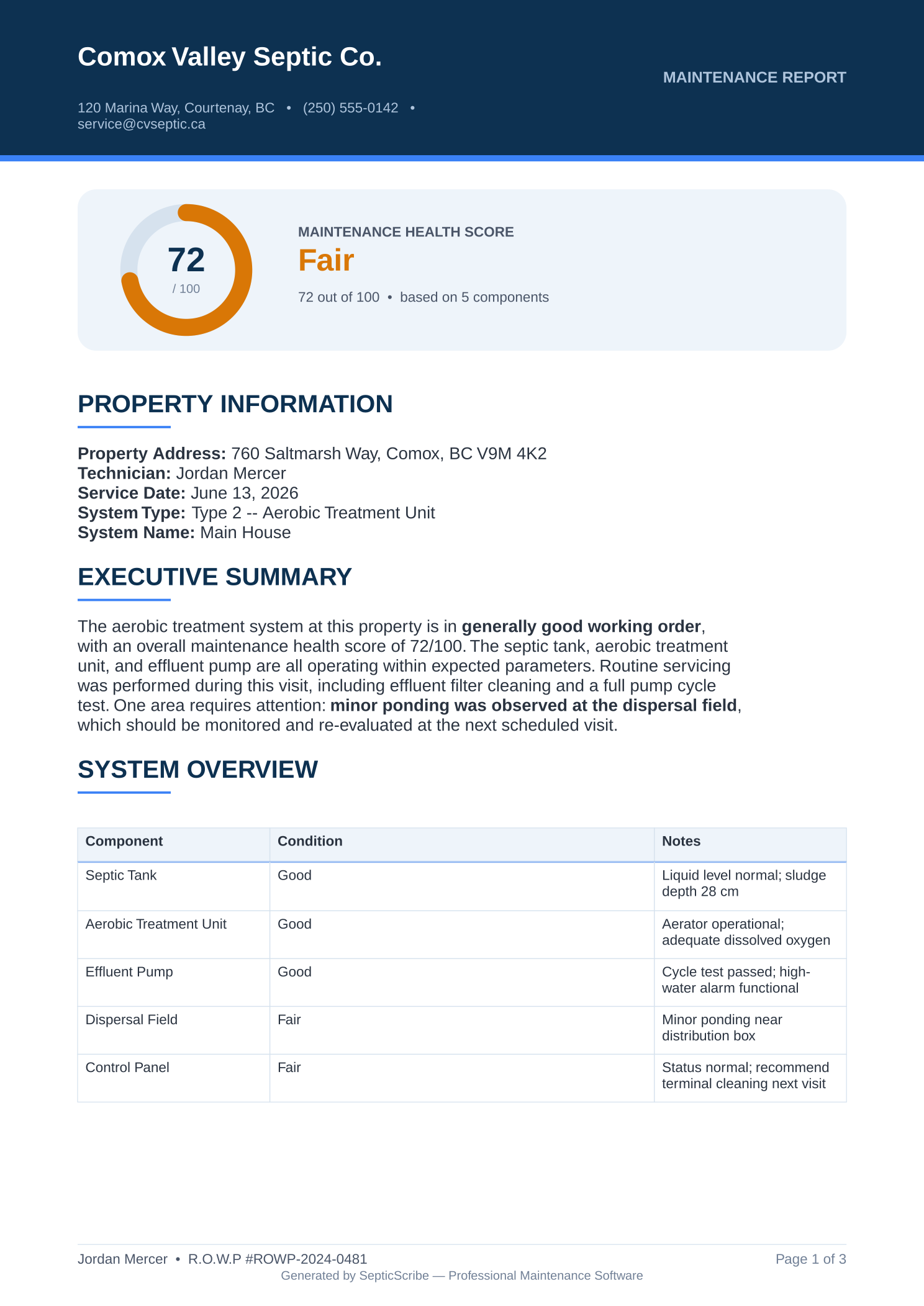A SepticScribe maintenance report with a health score, property information, and a system overview
